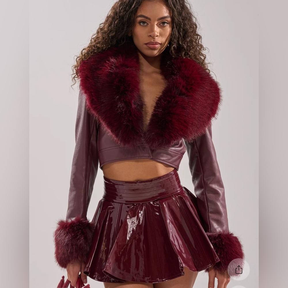 Burgundy Faux Fur Trim Teddy Jacket